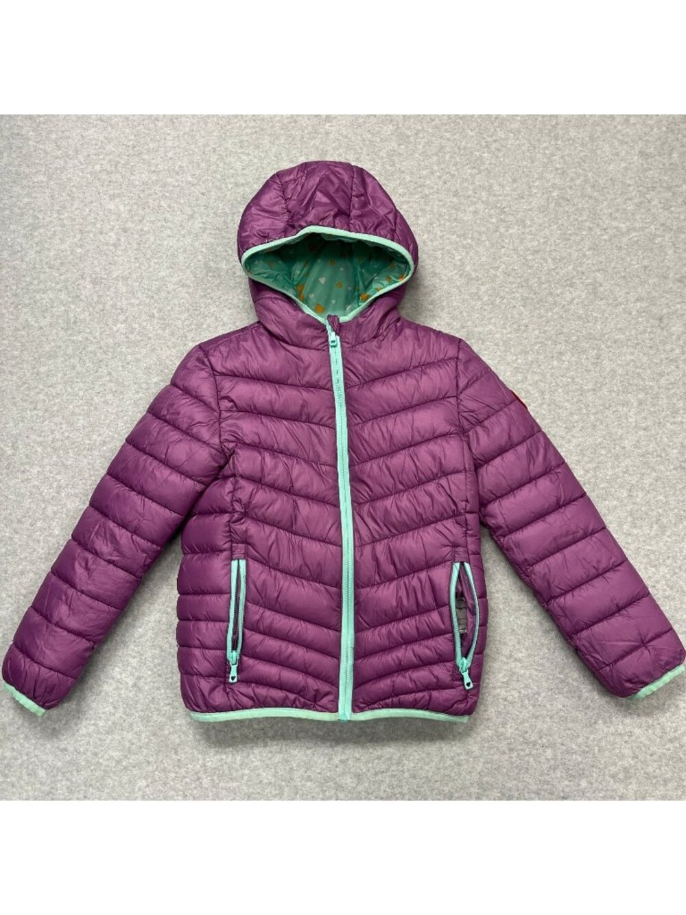 Rokka&Rolla Girls Reversible Puffer Jacket Coat Size S 6-7 Purple Mint Heart
